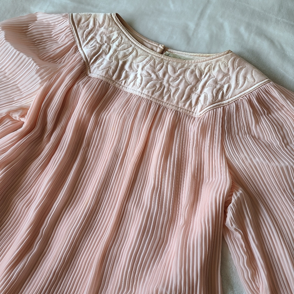 Vintage Light Pink Pleated Long-Sleeve Midi Dress - Picture 5 of 7